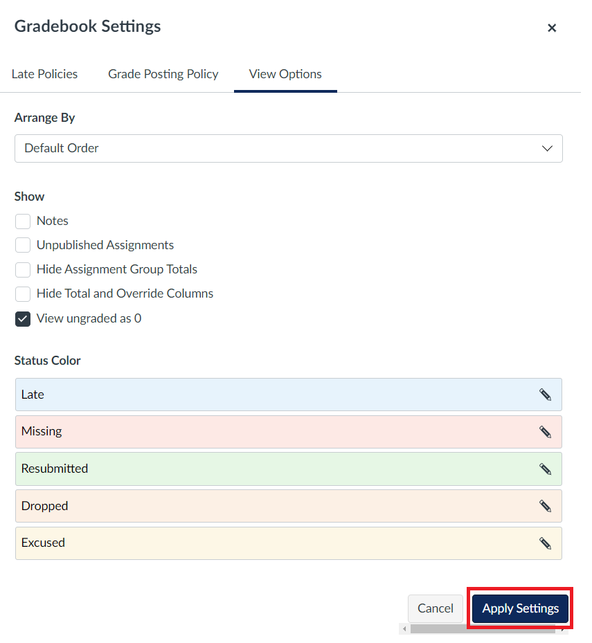 Enable View Ungraded as Zero Setting in Quercus Gradebook