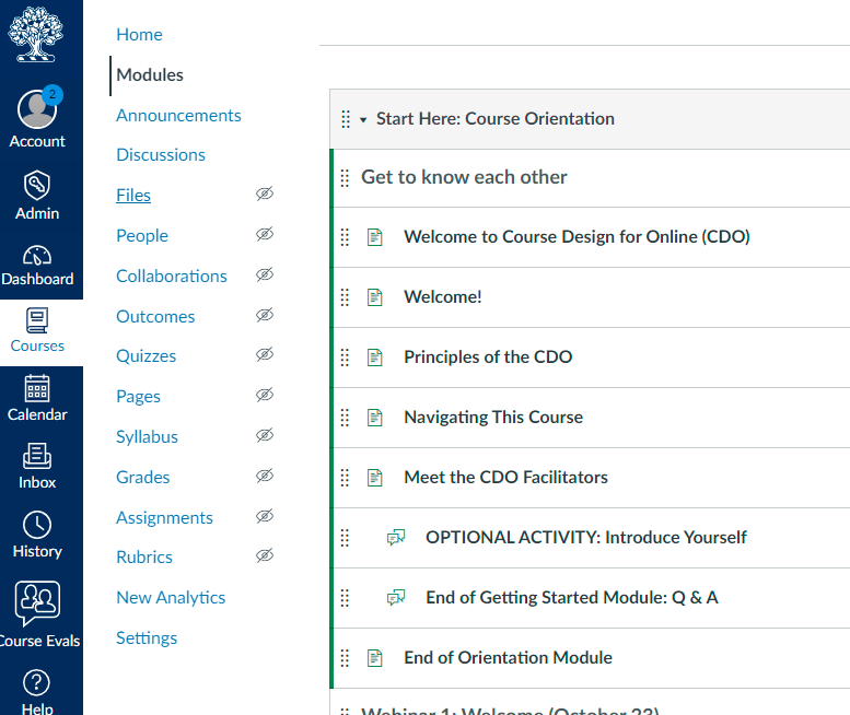 Example showing Quercus course organized with modules