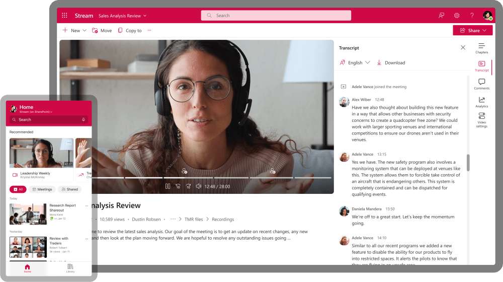 Screenshot of the new MS Stream (on SharePoint) on a laptop and mobile device