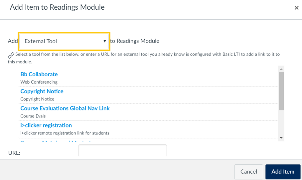 Select External Tool and add item to Readings Module