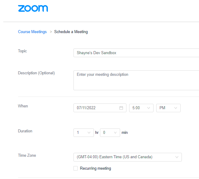 Meeting name and times