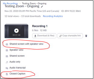 Zoom files to download - Shared screen with speaker view and closed captions