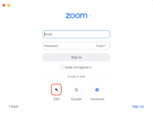 Zoom sign-in showing the SSO button with a red border.