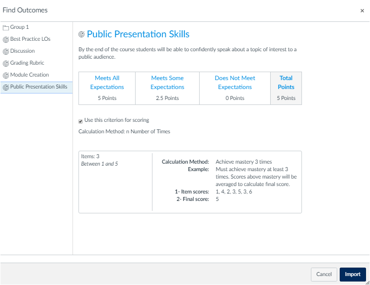 Select one or more Outcomes to add to your rubric by clicking on outcome name