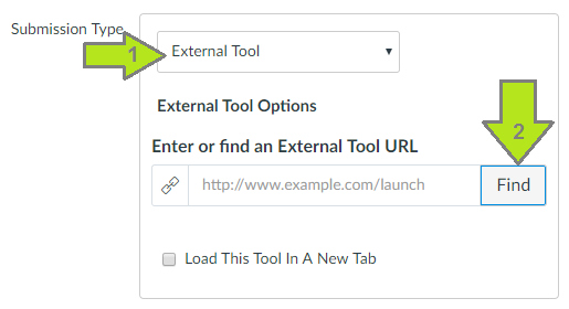 Within the Assignments setting page select External Tool from the tool dropdown menu